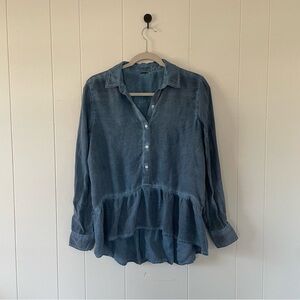 Women's Blue Button-Up Ruffle Top